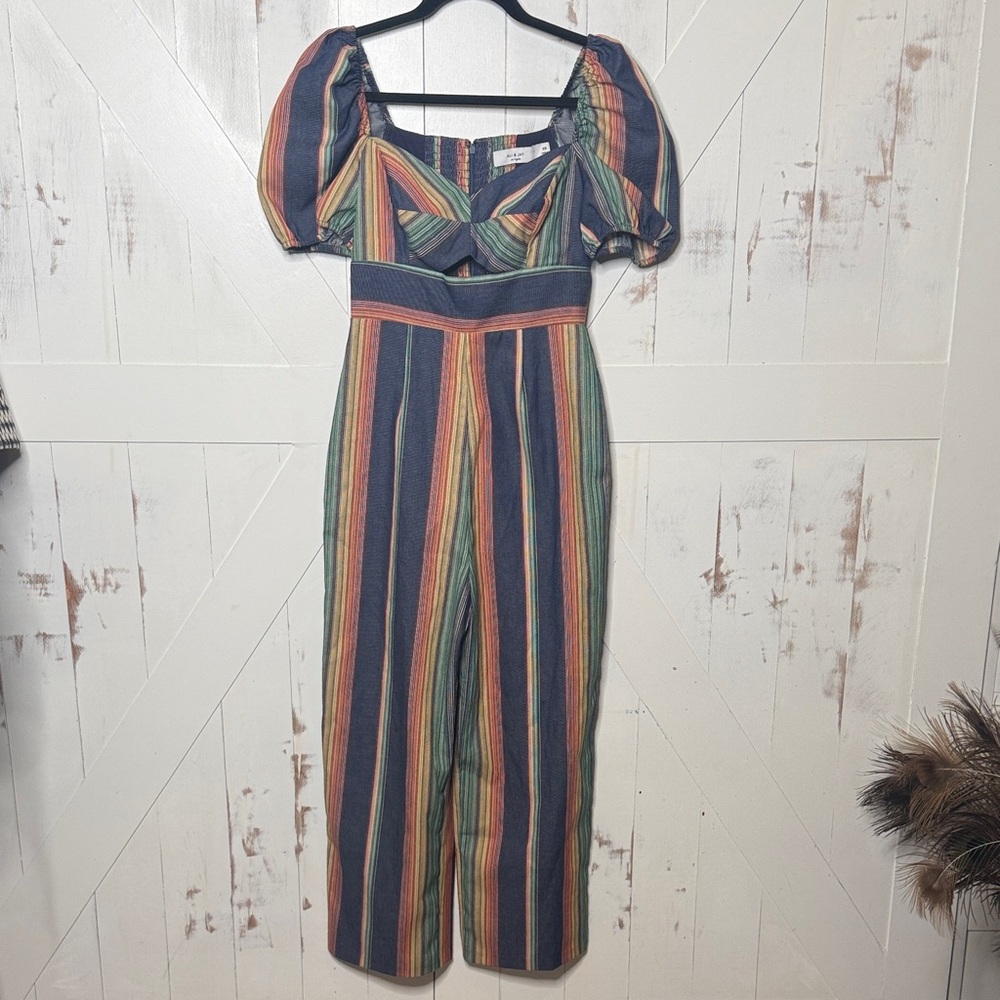 Ali & Jay Striped Vibrant Rainbow Denim Jumpsuit